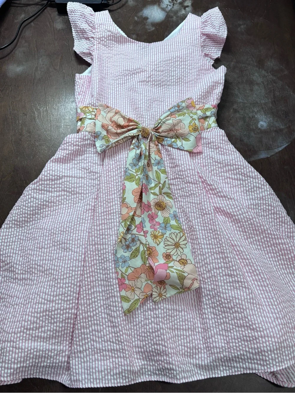 Rare Editions Pink Seersucker Dress with Floral Bow Sash
